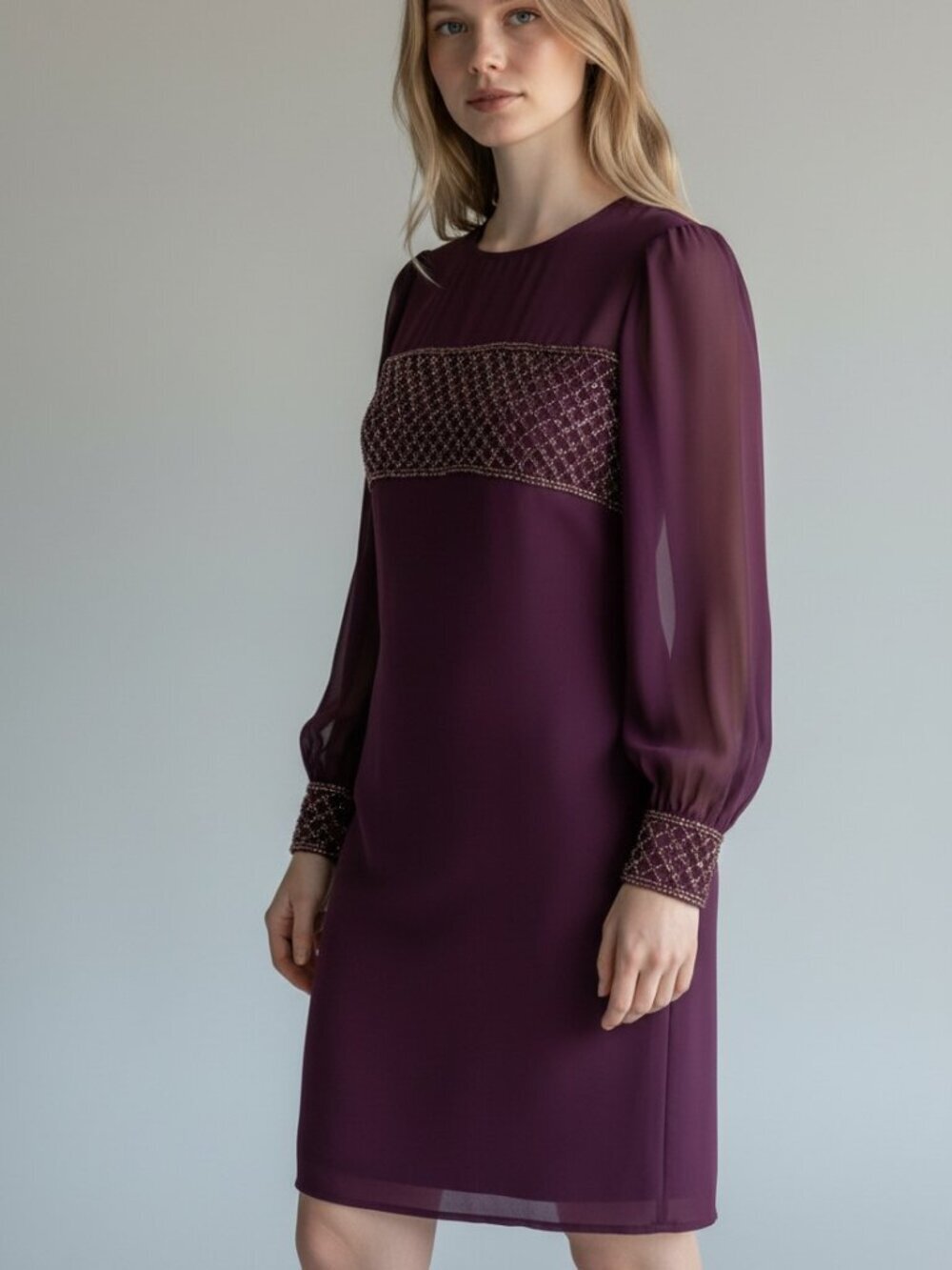 Vintage Black Tie Olga Cassini beaded cocktail dress, Size 12, wine, knee length